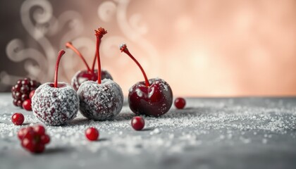 Crimson cherries coated with a delicate frost against an elegant backdrop
