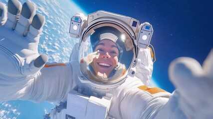 Young woman astronaut in white spacesuit taking selfie during space mission, laughing with excitement, earth and clouds visible in background. Low angle shot, handheld camera motion. - Powered by Adobe