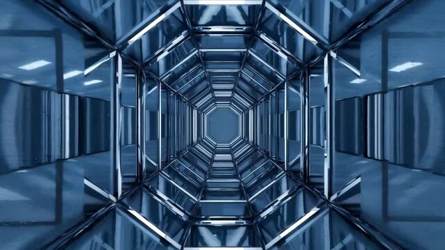 Abstract animation of a futuristic octagonal tunnel with reflective metallic blue surfaces and bright white light reflections, moving forward perspective