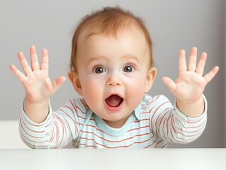 A happy baby with open hands and a surprised expression, wearing a striped shirt, sits at a white table against a neutral background.