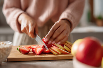 A woman skillfully slices strawberries and apples on a wooden cutting board while standing in a warm, inviting kitchen, showcasing her culinary skills and focus on fresh ingredients