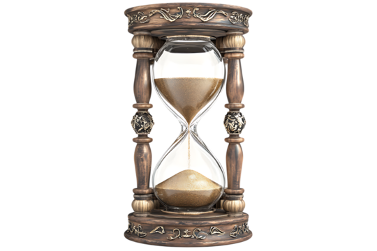 Ornate wooden hourglass with sand flowing through glass on a transparent background