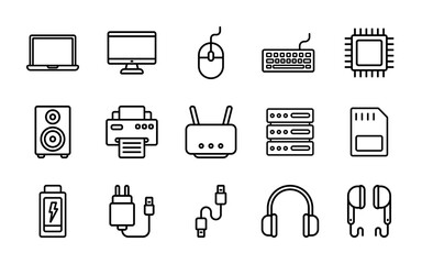 Computer hardware icon set isolated on white, includes monitor, keyboard, headphone, printer, speaker, charger, and many more. Electronics vector illustration set.