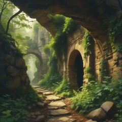 Mystical Cave Entrance with Stone Steps, Overgrown with Foliage