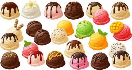 A variety of realistic ice cream scoops in different flavors, some with toppings like chocolate drizzle, nuts, fruit pieces, and wafers, arranged on a light background.
