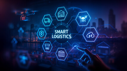 Digital representation of smart logistics system with interconnected icons, drones, and a futuristic interface in a neon-lit cityscape background.