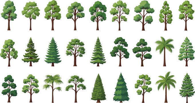 A collection of various cartoon tree illustrations, including deciduous and coniferous types, palm trees, and stylized foliage, suitable for game sprites or nature-themed designs.