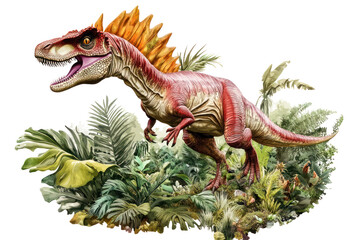 Fototapeta premium Highly detailed realistic dinosaur T-Rex standing on lush jungle foliage with vibrant plants and trees, prehistoric creature in natural habitat illustration