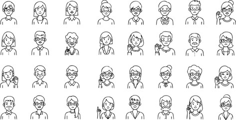 A diverse set of thirty simple line art avatars of people with various hairstyles, expressions, and gestures, arranged in a grid.