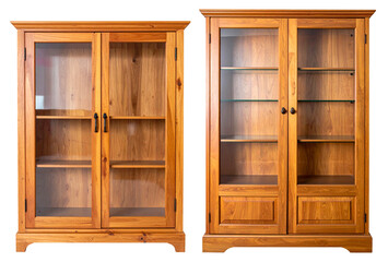 front view of wooden display cabinet or shelf with glass isolated on white background