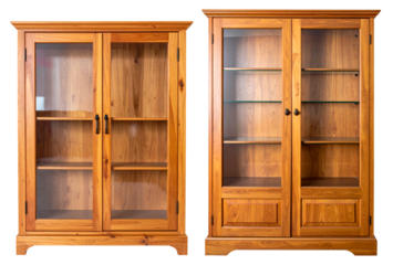 front view of wooden display cabinet or shelf with glass isolated on white background