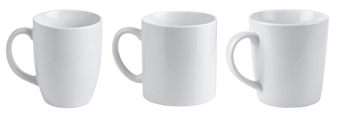 set of white mug with three different shapes isolated on white background