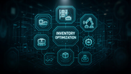 Obraz premium Futuristic digital graphic illustrating inventory optimization with interconnected icons representing AI, automation, and logistics in a sci-fi environment.