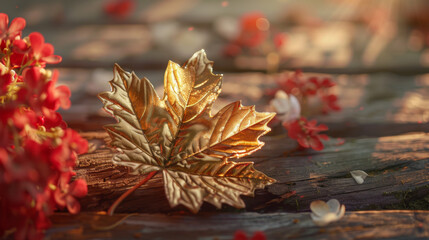 A close-up of an elegant gold maple leaf surrounded by red and white flowers, celebrating Canada Day's festive elegance.
