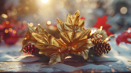 A close-up of an elegant gold maple leaf surrounded by red and white flowers, celebrating Canada Day's festive elegance.