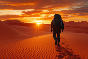 Silhouette of a lone wanderer walking through a desert