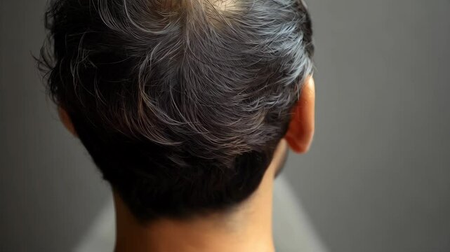 Close-up view of thinning graying hair at the crown of an adult male head showing signs of baldness and hair loss concerns