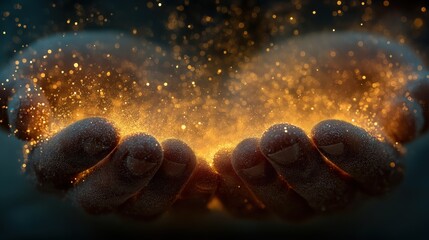 Obraz premium Hands Holding Golden Sparkling Light Against Dark Background