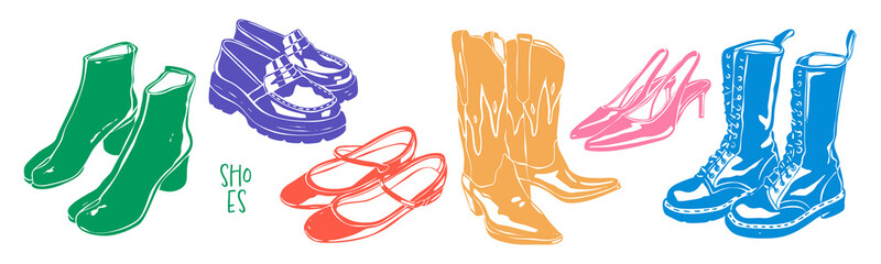 Different shoes. Heeled summer shoes, ankle, high cowboy boots, loafer. Casual leather footwear for women, men. Hand drawn modern Vector illustration. Trendy colorful style. Isolated design elements