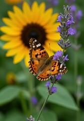 Fototapeta premium Painted Lady Butterfly on Lavender with Sunflower Background