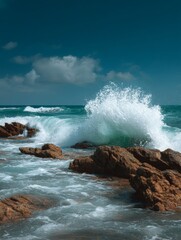 Fototapeta premium Dramatic ocean wave breaking on rocky shore with clouds and misty sky at dusk.