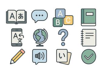 Language learning icons set: book, globe, pencil, speech bubble, checkmark