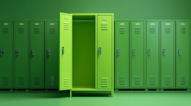 A green locker room with a green locker that is open