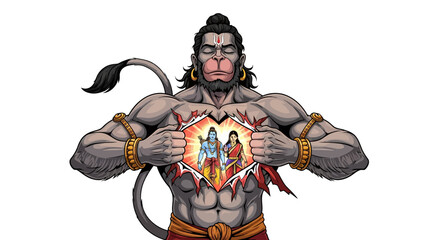 Illustration of a muscular Hanuman revealing Lord Rama and Sita symbolizing devotion and strength