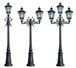set of old street lamps with ornamental curves isolated on white background