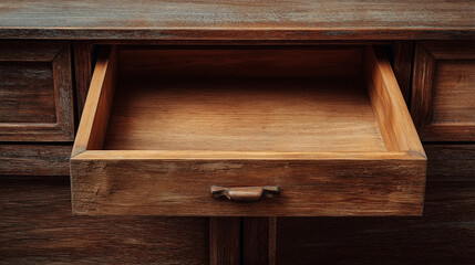 A wooden drawer is open and empty