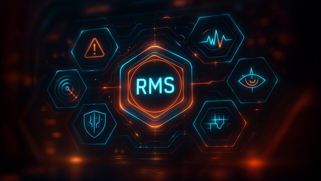 Digital representation of a Risk Management System (RMS) featuring interconnected futuristic icons on a sci-fi technology background.