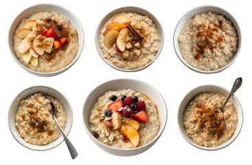 Fototapeta premium Colorful bowls of oatmeal filled with various fresh fruits and spices are arranged on a kitchen table, showcasing healthy breakfast options. Each bowl is uniquely topped for variety.