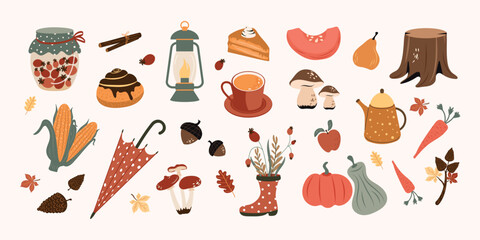 A collection made by hand with elements of autumn. Berries, pastries, vegetables, mushrooms, a hot drink in a modern style. Vector design.