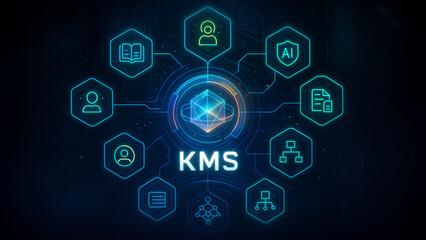 Concept of Knowledge Management System (KMS) with interconnected icons representing AI and organizational tools in a futuristic digital environment.