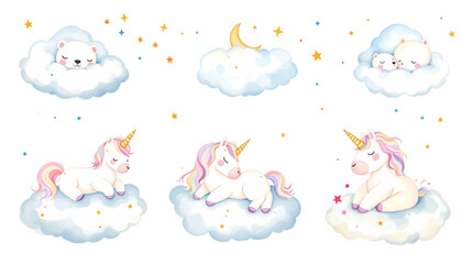 Cute watercolor pastel unicorn clipart with rainbow and balloons © Watercol