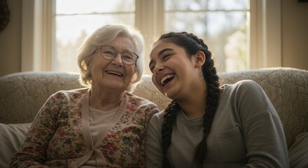 Elderly woman laughing with teenage girl on sofa by the window  