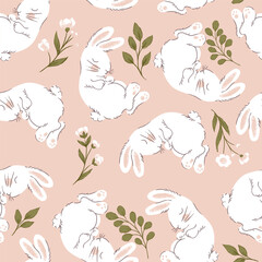 Cute Sleeping White Rabbit Vector Seamless Pattern