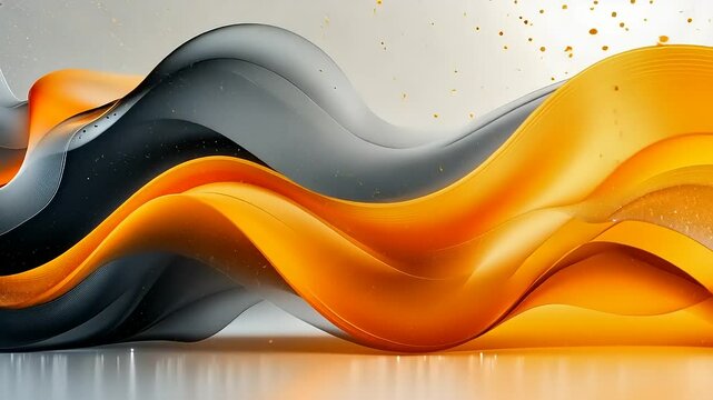 Dynamic abstract background with smooth flowing orange and grey shapes, floating particles, and reflections
