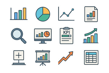 Business analytics icons set: charts, graphs, kpi, data analysis tools