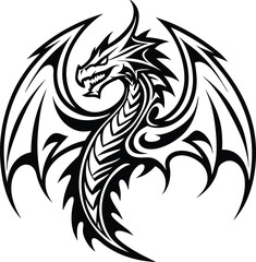 A black and white tribal dragon illustration with wings spread on a white background graphic design