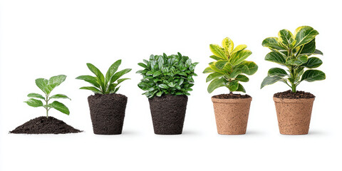 Fototapeta premium Young plant growth in soil and pots showing sequence of planting and development