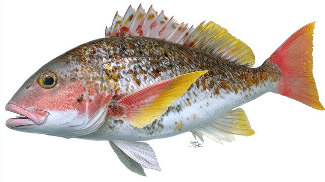 A brightly colored Mutton Snapper fish displays its vibrant yellow and red fins swimming against a white background perfect for use in educational materials.