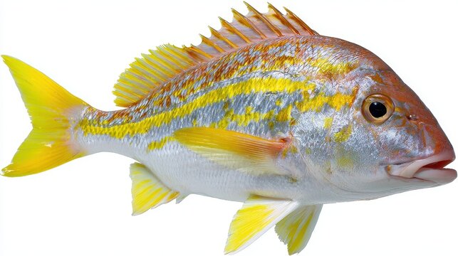 A beautiful yellowtail snapper with vibrant yellow stripes and fins stands out on the clean white background showing its detailed scales and colors.