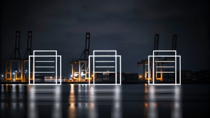 Obraz premium A nighttime port scene with illuminated cranes and geometric light art reflected on calm water.