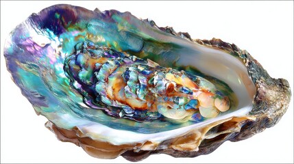 Iridescent nacre shimmers within the open oyster , revealing a tapestry of colors that capture the light in breathtaking beauty and elegance.