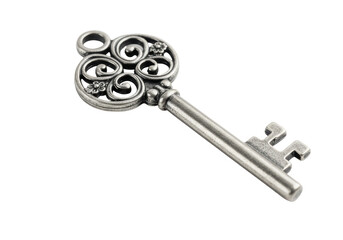 Isolated Ornate Antique Silver Key with Floral Details