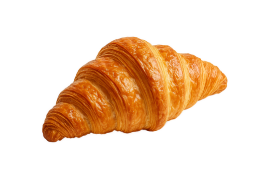 Freshly baked croissant isolated on transparent background. Golden, flaky pastry with buttery layers—perfect for food packaging, bakery menus, cafe branding, culinary design projects, clipping path - Powered by Adobe