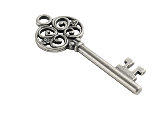 Isolated Ornate Antique Silver Key with Floral Details