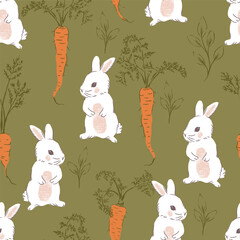 White Standing Rabbits with Carrots Vector Seamless Pattern