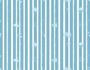 Fototapeta premium Whimsical Blue and White Striped Pattern with HandDrawn Food and Drink Illustrations